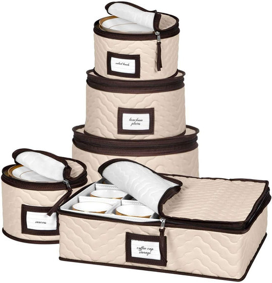 5-Piece Quilted Dish Organizer Set with Dividers for Dinnerware – Holds 12