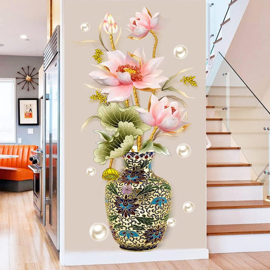 Lotus Flower Vase Wall Sticker - Pearl Classical Art Decal for Living Room & Home Entrance Decoration