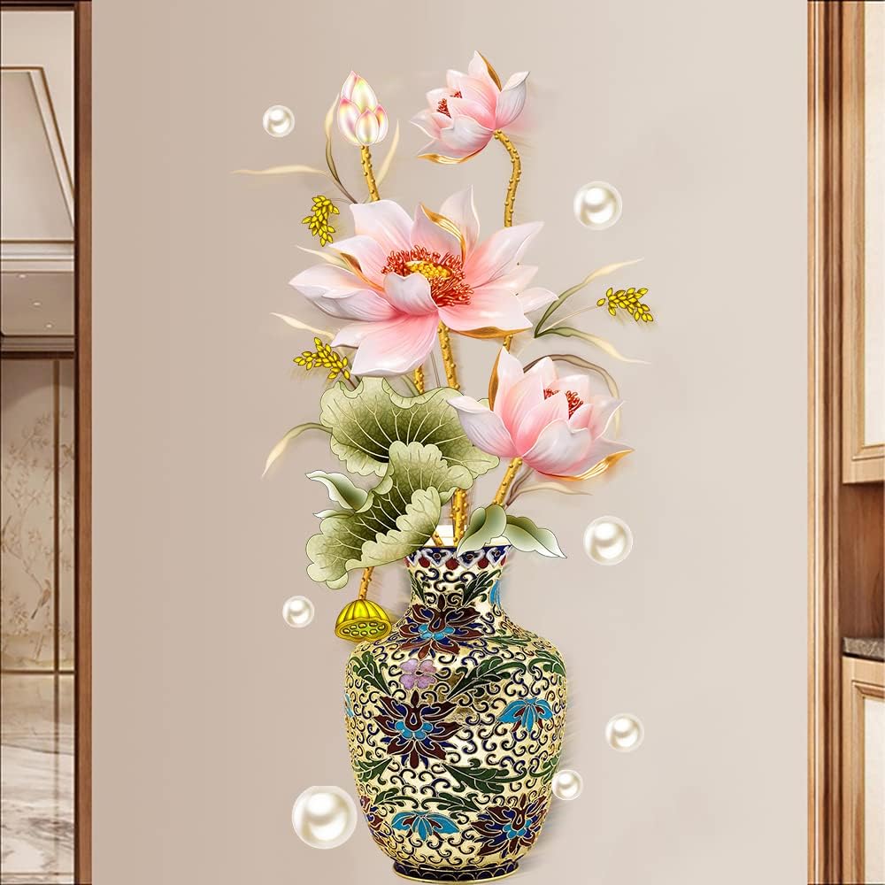 Lotus Flower Vase Wall Sticker - Pearl Classical Art Decal for Living Room & Home Entrance Decoration