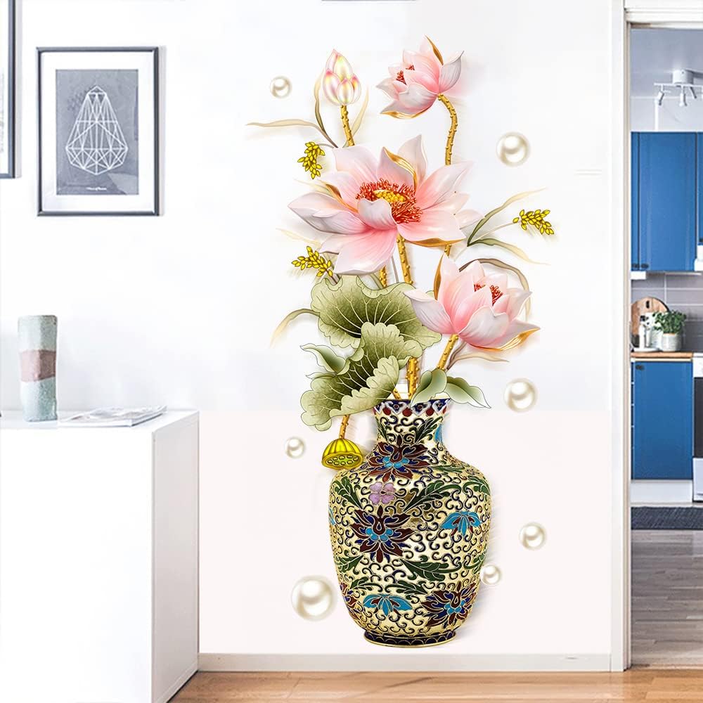 Lotus Flower Vase Wall Sticker - Pearl Classical Art Decal for Living Room & Home Entrance Decoration