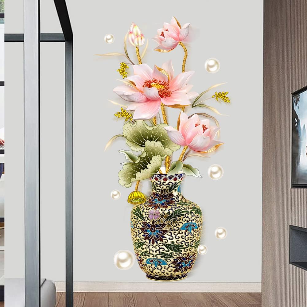 Lotus Flower Vase Wall Sticker - Pearl Classical Art Decal for Living Room & Home Entrance Decoration