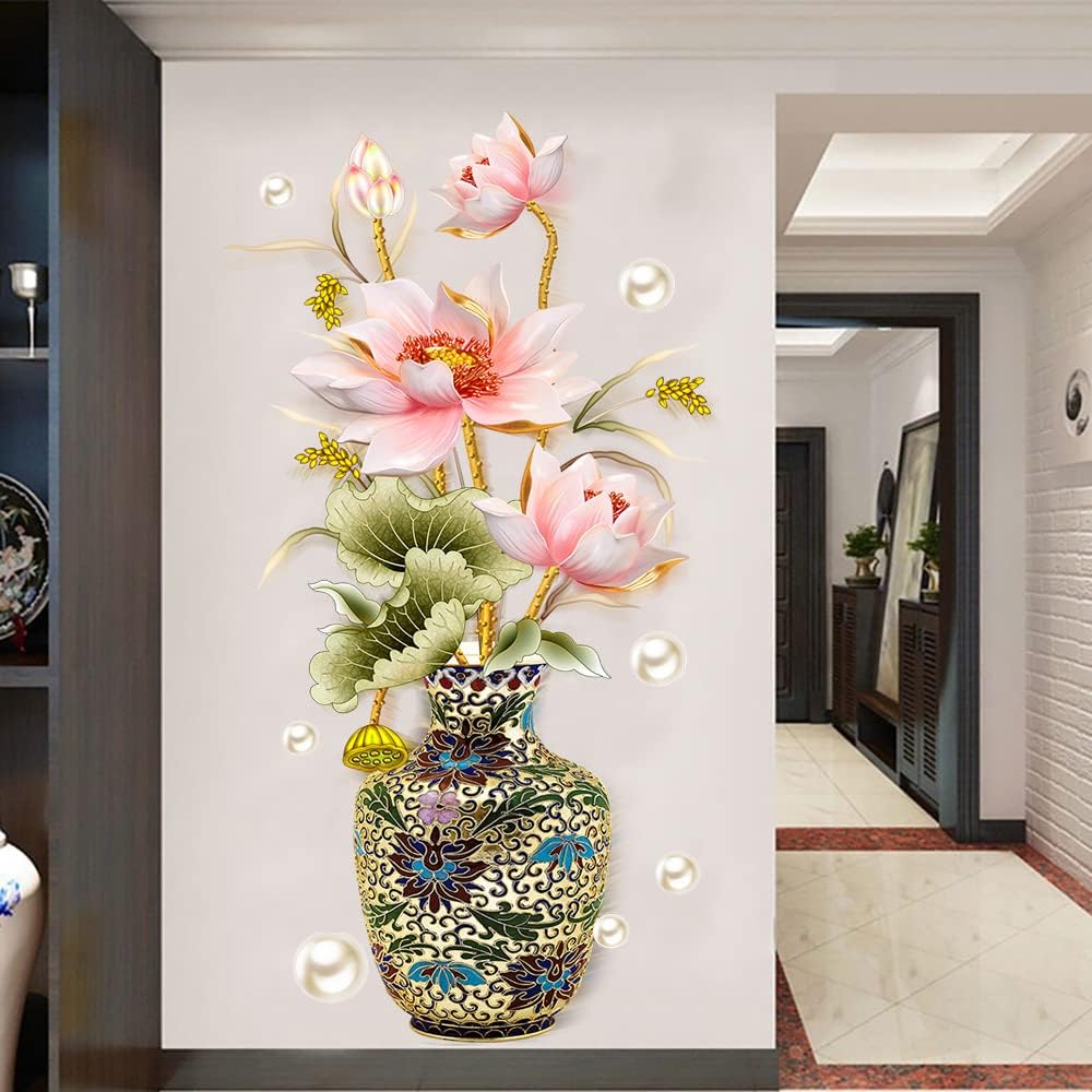 Lotus Flower Vase Wall Sticker - Pearl Classical Art Decal for Living Room & Home Entrance Decoration