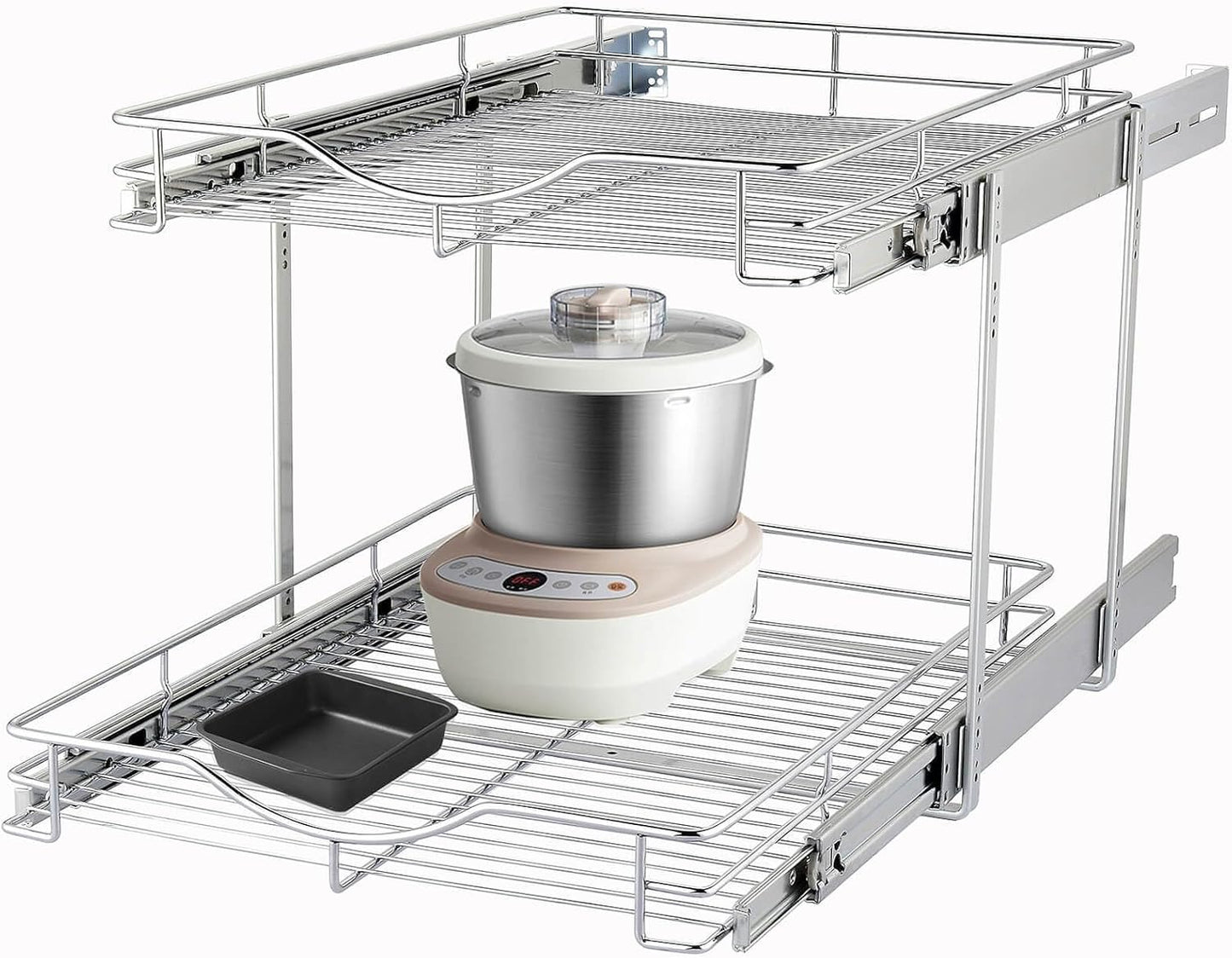 2-Tier Pull Out Cabinet Organizer – 14" W x 21" D Slide-Out Wire Basket Shelves for Kitchen & Pantry