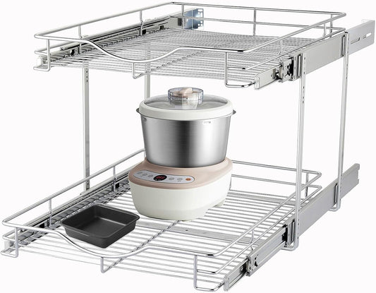 2-Tier Pull Out Cabinet Organizer – 14" W x 21" D Slide-Out Wire Basket Shelves for Kitchen & Pantry