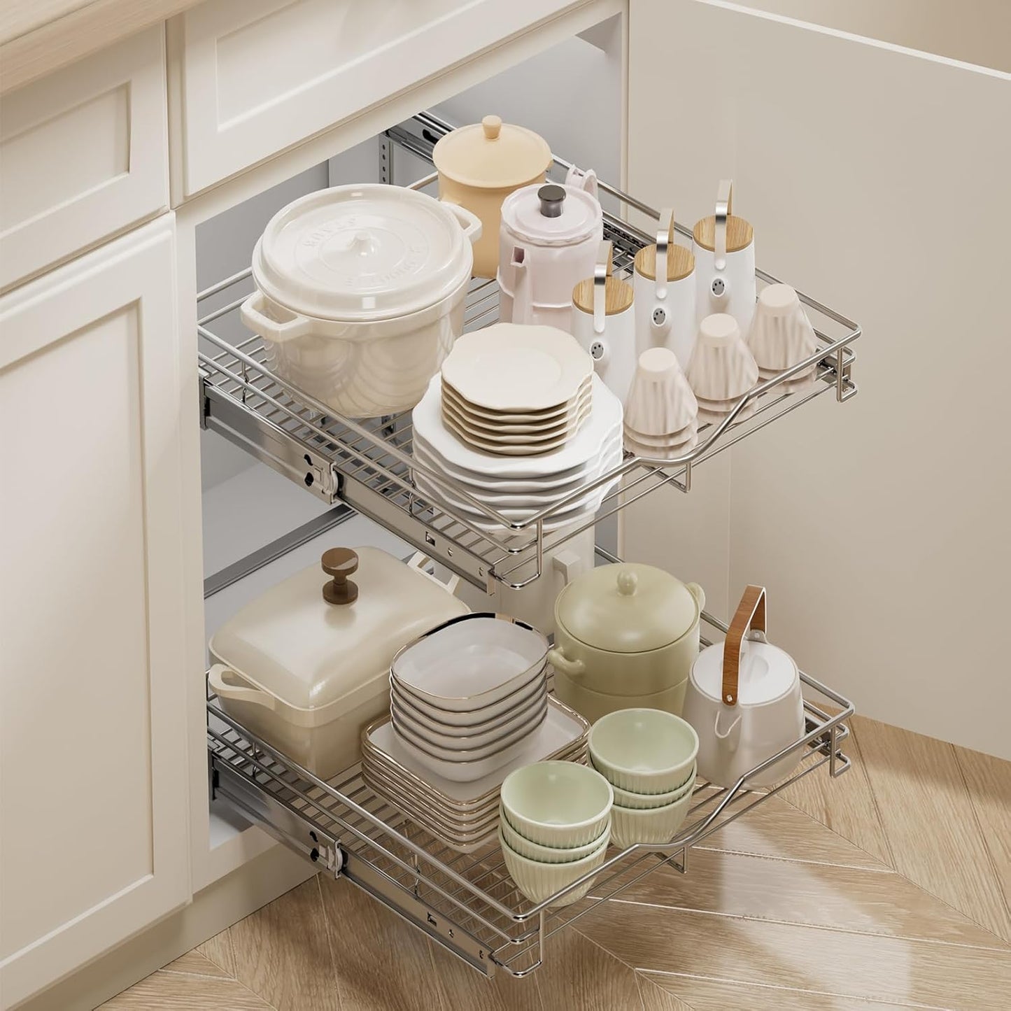 2-Tier Pull Out Cabinet Organizer – 14" W x 21" D Slide-Out Wire Basket Shelves for Kitchen & Pantry