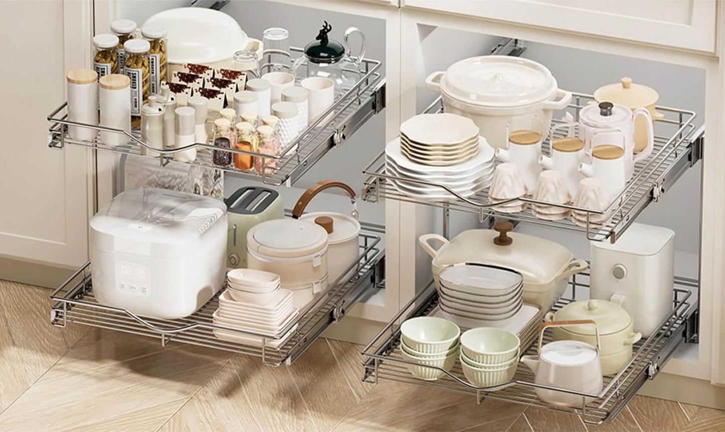 2-Tier Pull Out Cabinet Organizer – 14" W x 21" D Slide-Out Wire Basket Shelves for Kitchen & Pantry