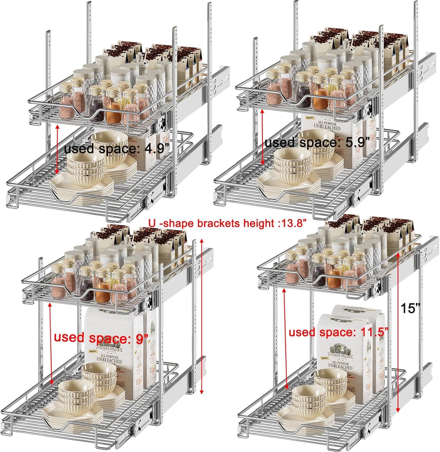 2-Tier Pull Out Cabinet Organizer – 14" W x 21" D Slide-Out Wire Basket Shelves for Kitchen & Pantry