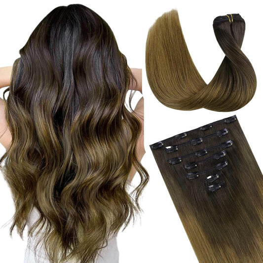 Clip-In Human Hair Extensions, 14 Inch, Chocolate Dip, 7pcs 120g, Natural Straight