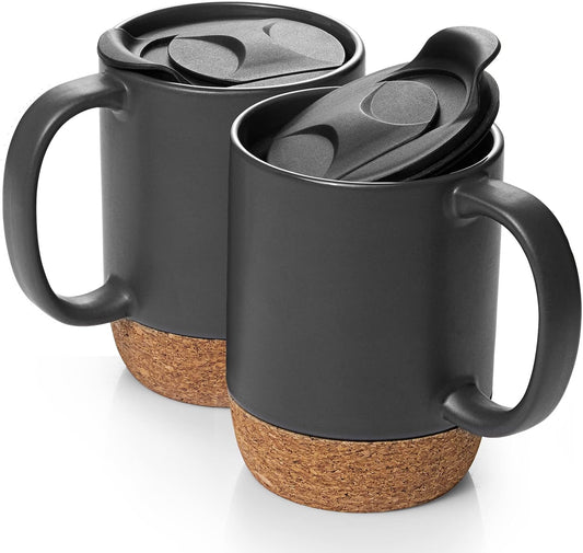 Set of 2 Large 15 oz Ceramic Coffee Mugs – Matte Grey with Cork Bottom & Spill Proof Lid