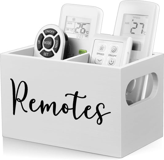 Wooden Remote Control Holder – White TV Remote Organizer Caddy for Table, Nightstand & Home Decor