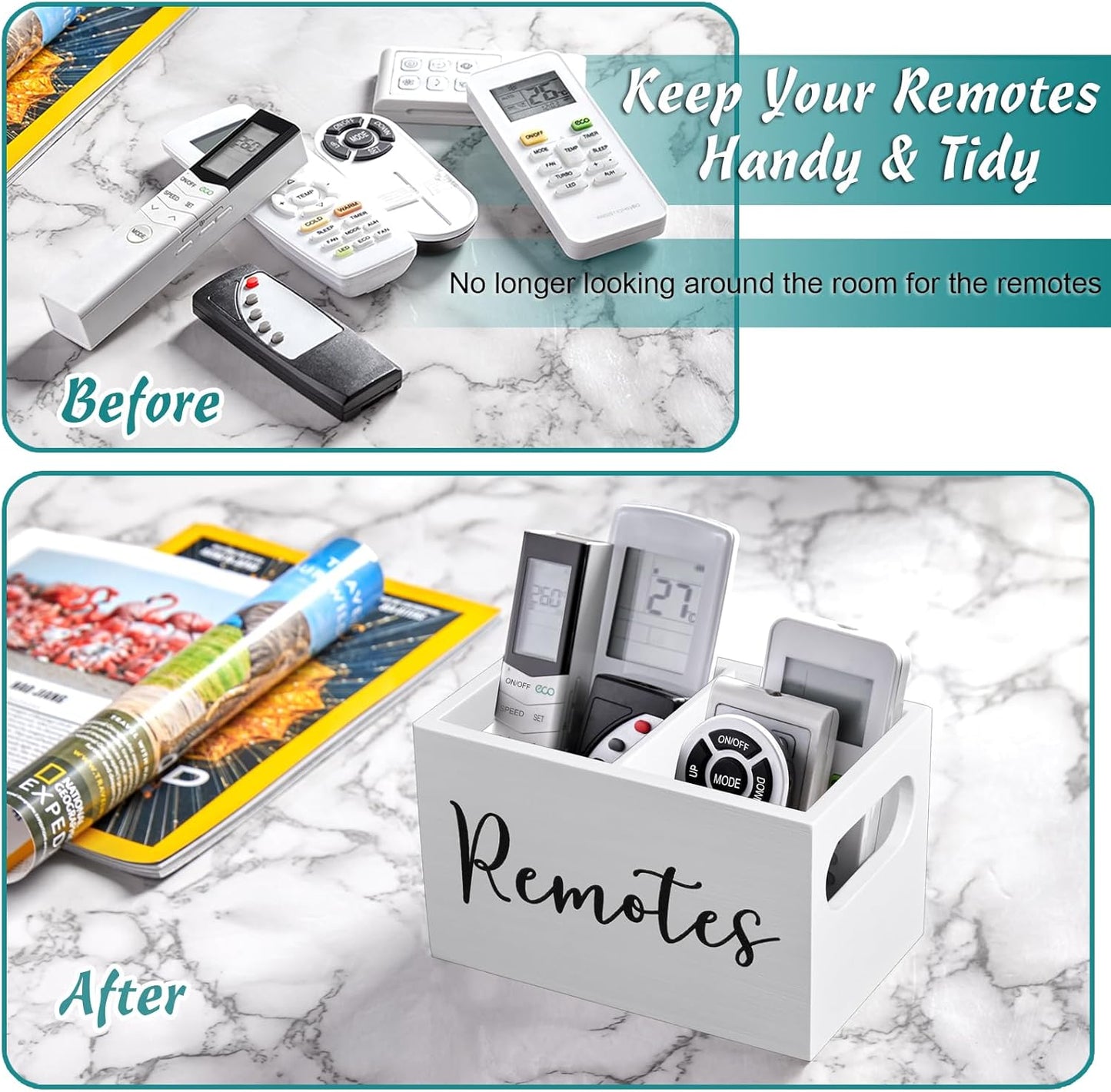 Wooden Remote Control Holder – White TV Remote Organizer Caddy for Table, Nightstand & Home Decor