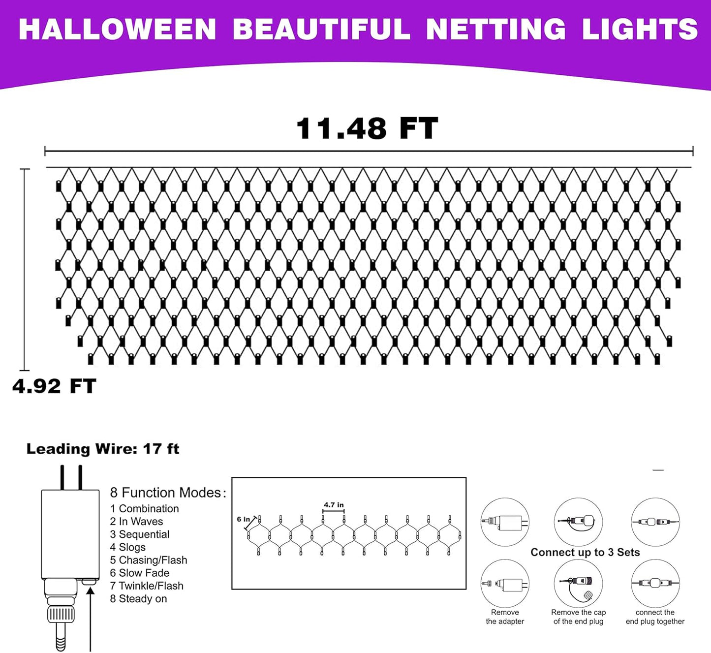 12FT x 5FT Halloween 360 LED Net Lights - Waterproof with 8 Modes, Purple & Orange