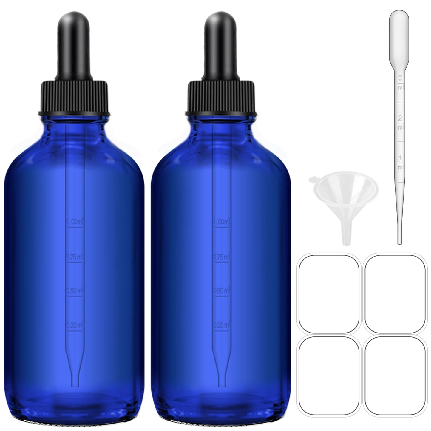 4oz Dropper Bottles - 2-Pack Blue Essential Oil Bottles with Funnel, Labels & Pipette