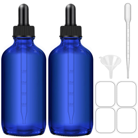 4oz Dropper Bottles - 2-Pack Blue Essential Oil Bottles with Funnel, Labels & Pipette