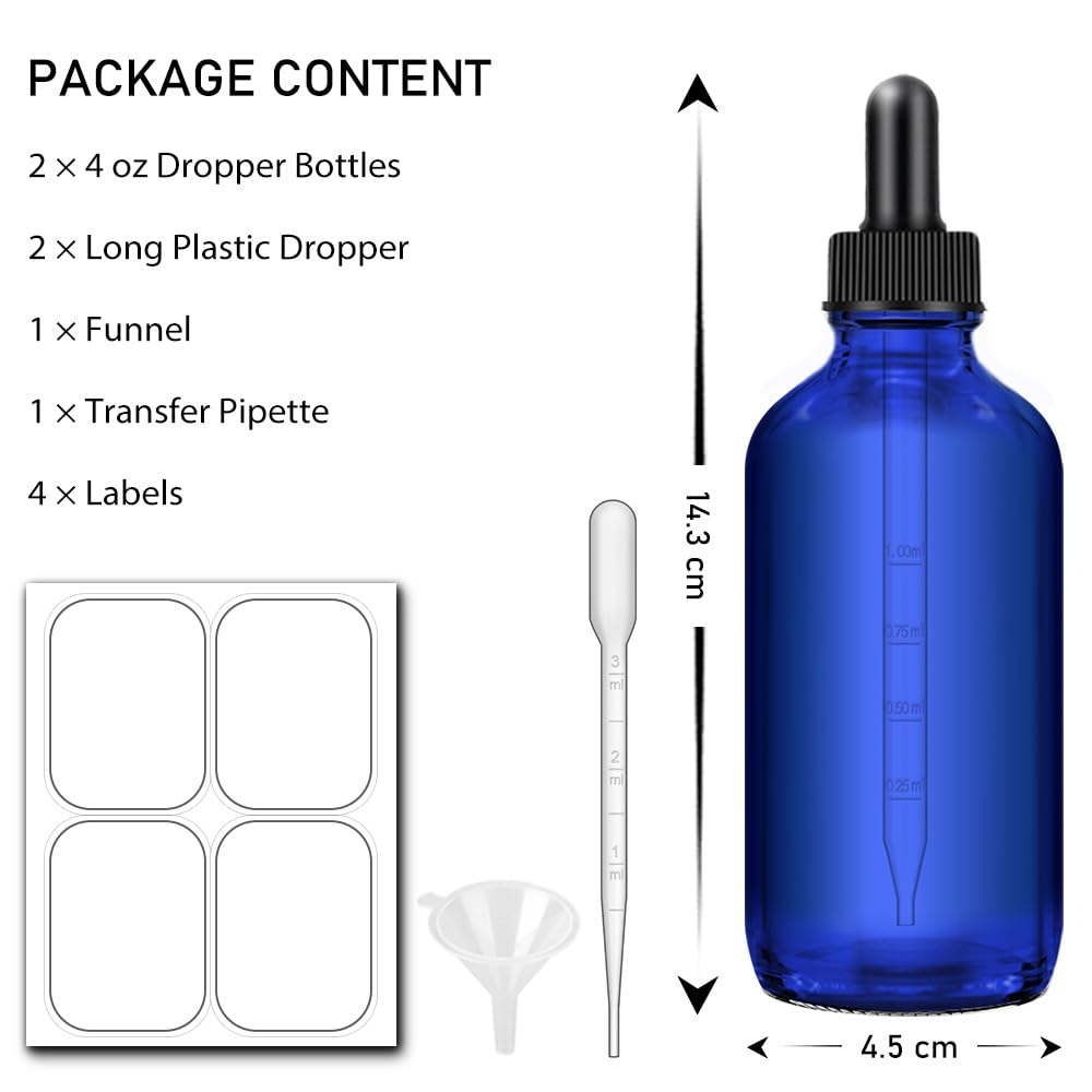 4oz Dropper Bottles - 2-Pack Blue Essential Oil Bottles with Funnel, Labels & Pipette