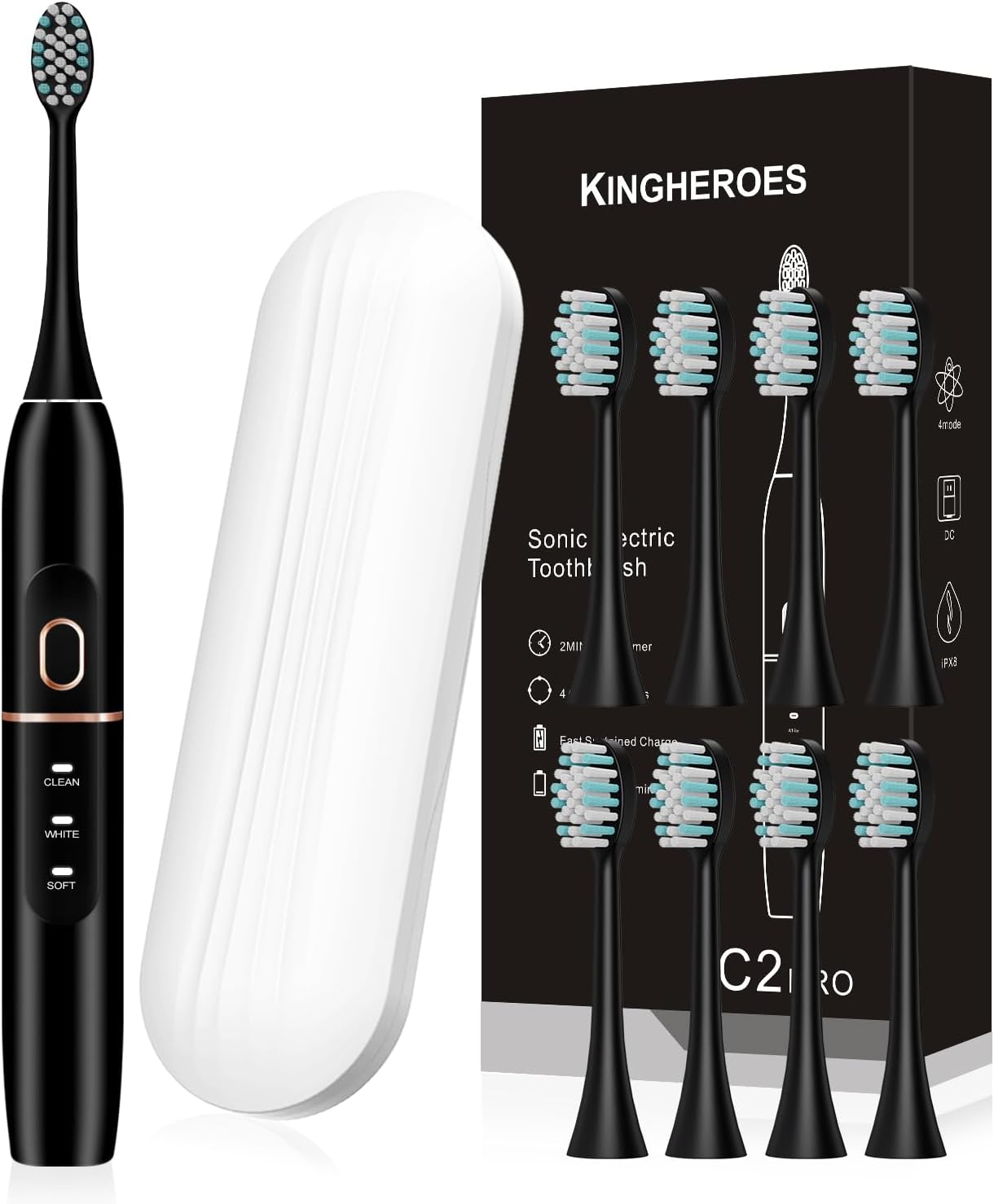Electric Toothbrush Set – 8 Brush Heads, Travel Case, 4 Modes, Smart Timer, 60-Day Battery (Black)