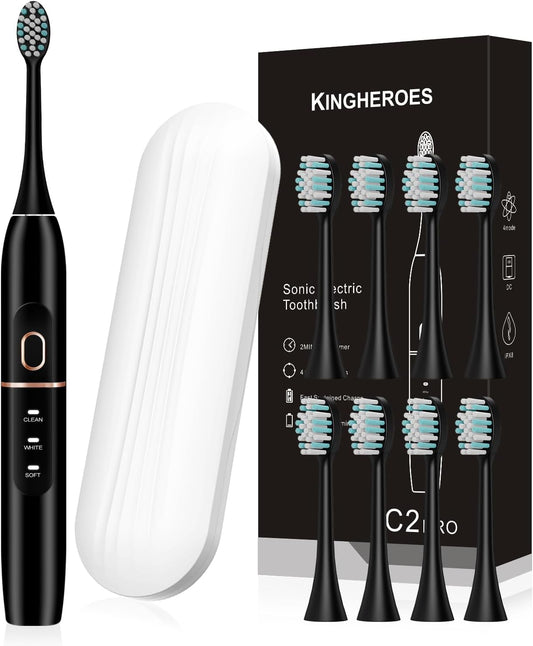 Electric Toothbrush Set – 8 Brush Heads, Travel Case, 4 Modes, Smart Timer, 60-Day Battery (Black)
