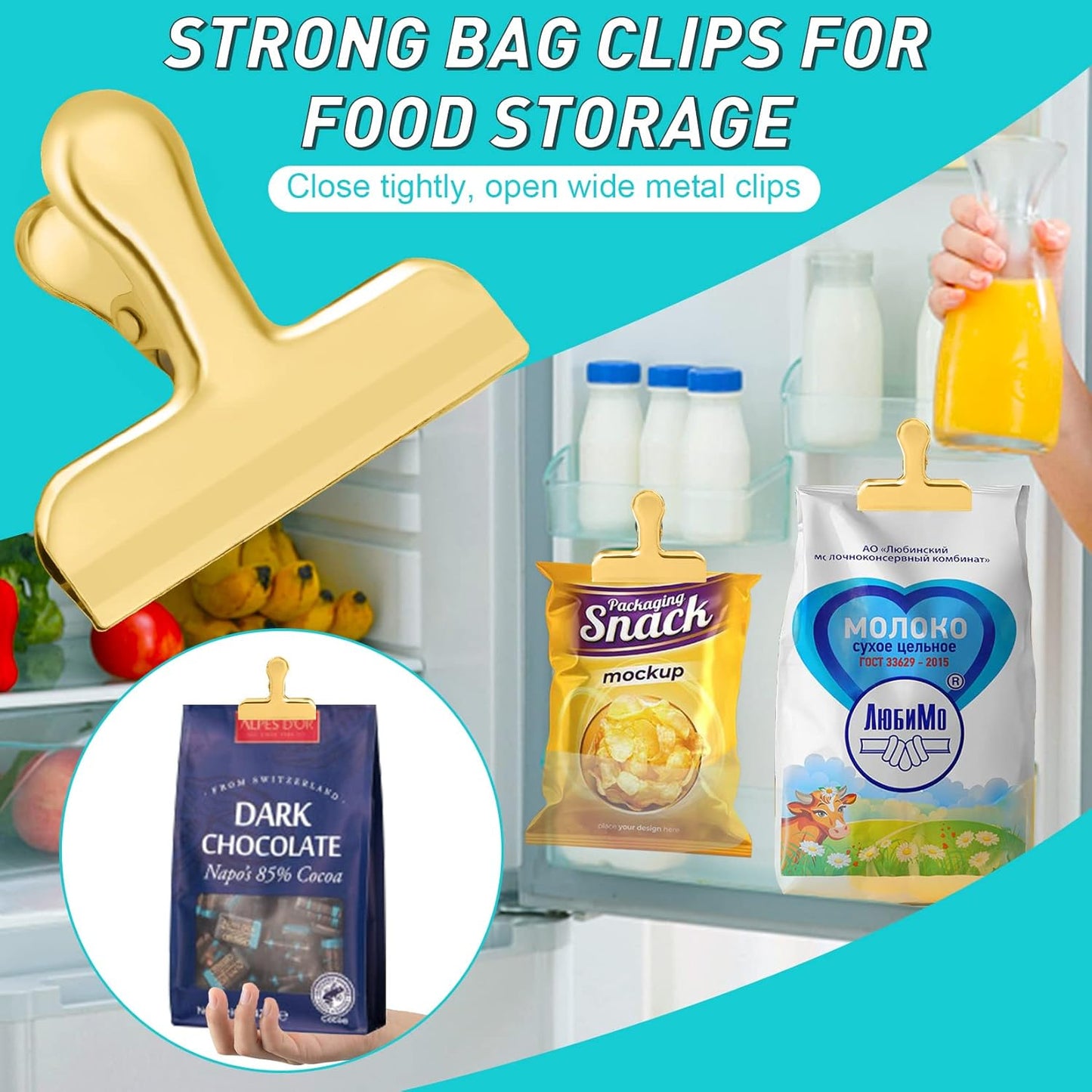 8-Pack 3-Inch Stainless Steel Gold Chip Clips – Heavy Duty Bag & Food Clips