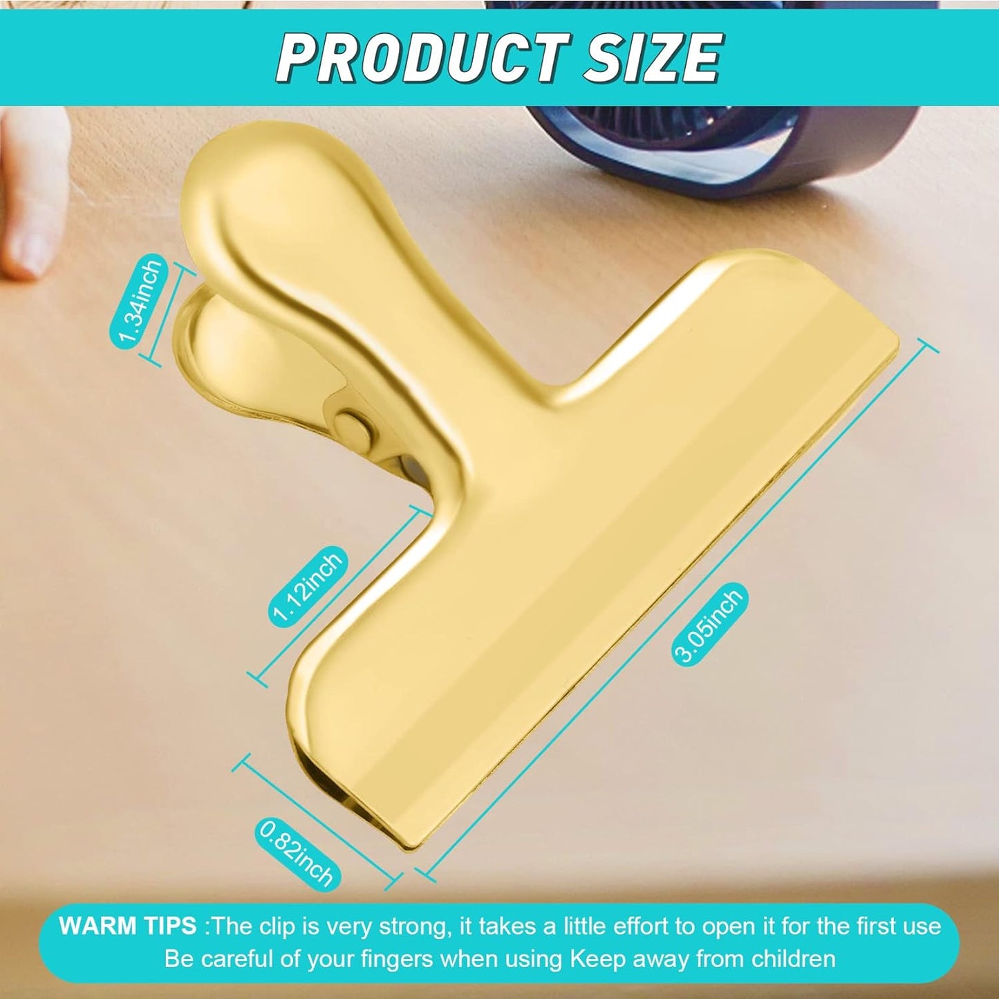 8-Pack 3-Inch Stainless Steel Gold Chip Clips – Heavy Duty Bag & Food Clips