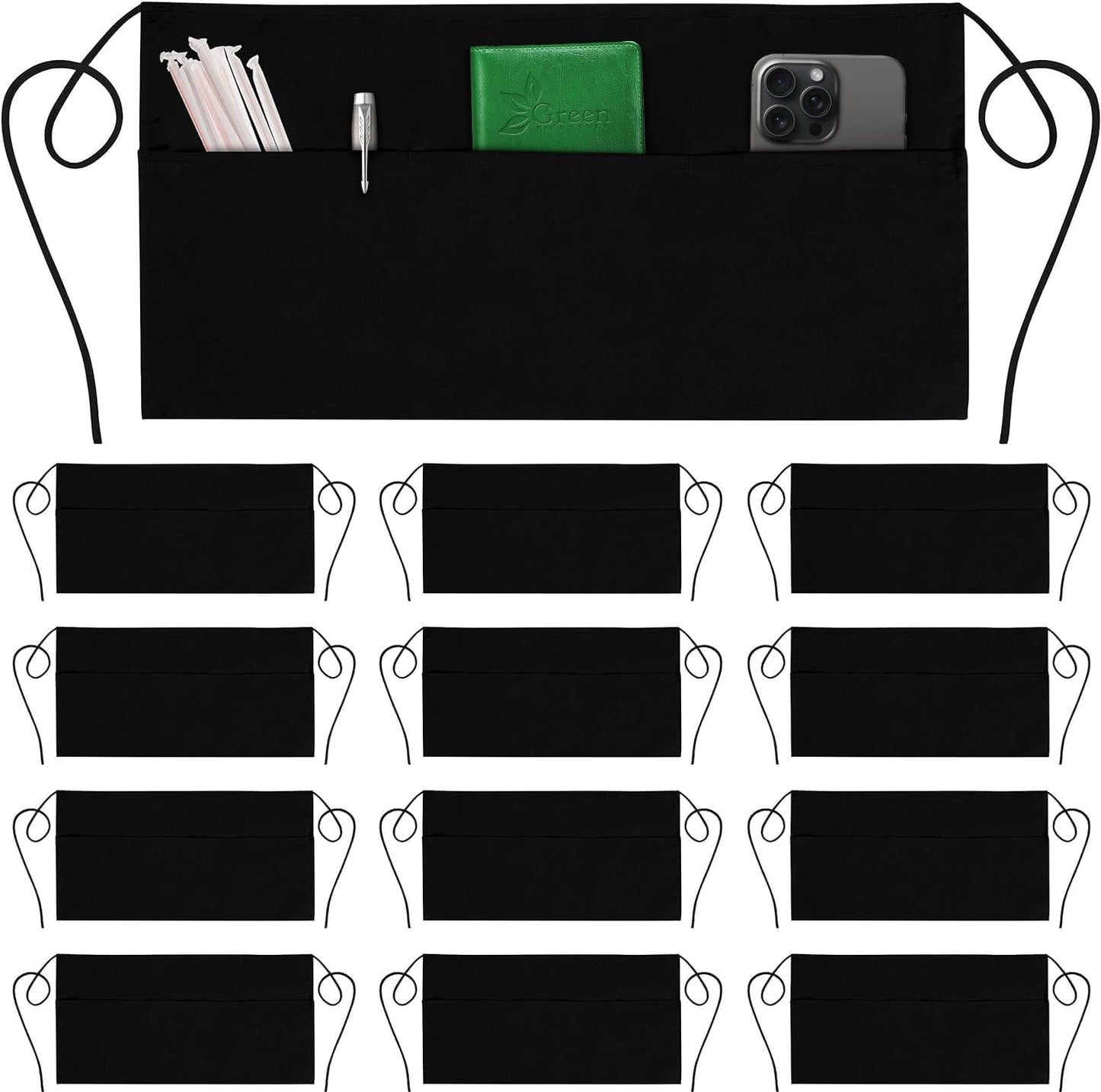 12-Pack Server Waist Aprons – Water-Resistant Half Aprons with 3 Pockets & Reinforced Seams (Black)