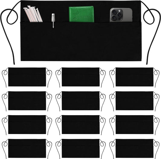 12-Pack Server Waist Aprons – Water-Resistant Half Aprons with 3 Pockets & Reinforced Seams (Black)