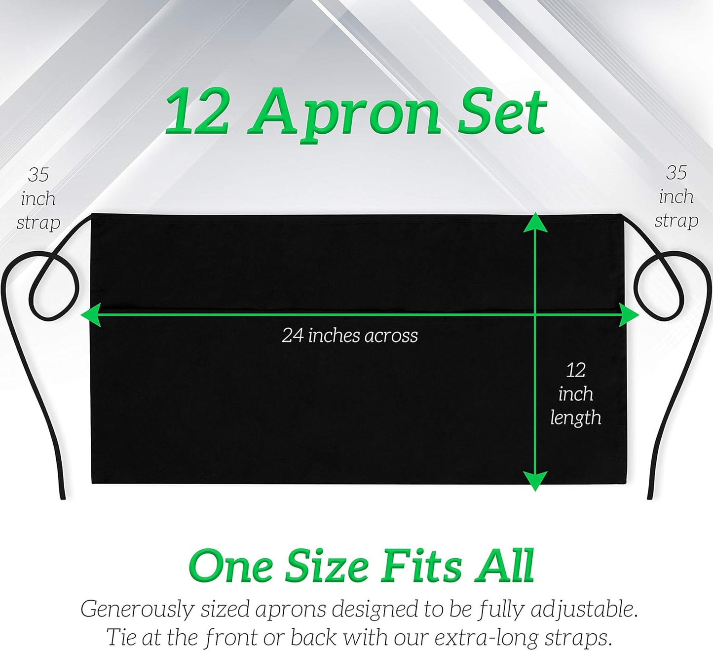 12-Pack Server Waist Aprons – Water-Resistant Half Aprons with 3 Pockets & Reinforced Seams (Black)