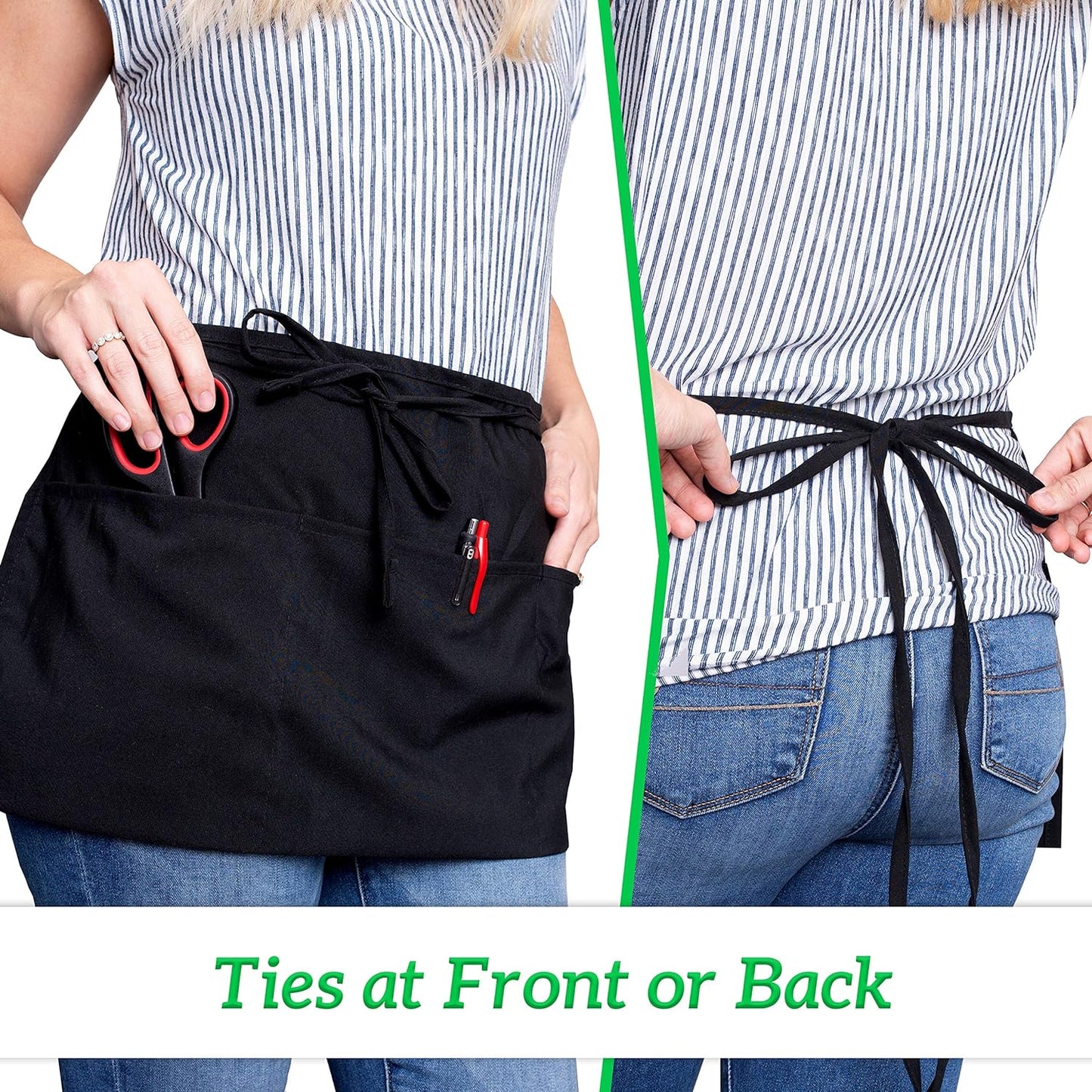 12-Pack Server Waist Aprons – Water-Resistant Half Aprons with 3 Pockets & Reinforced Seams (Black)