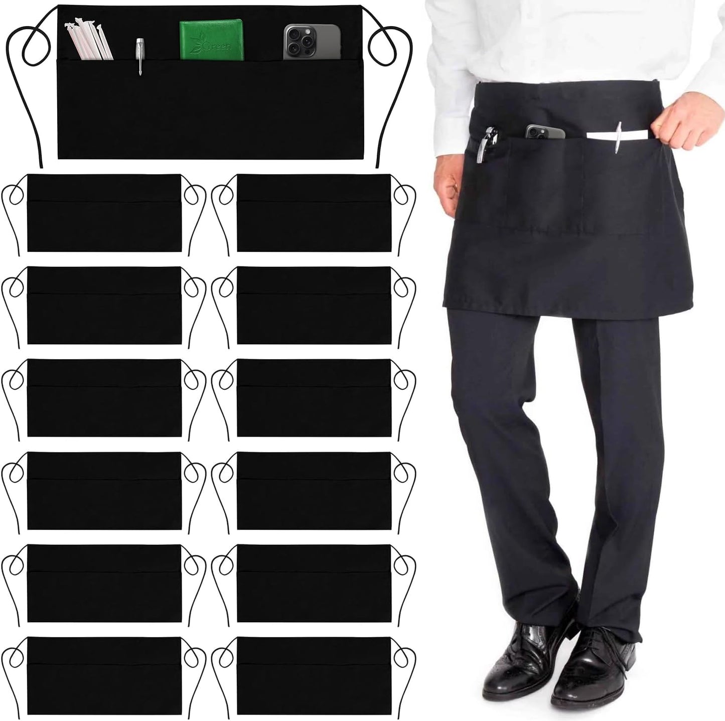 12-Pack Server Waist Aprons – Water-Resistant Half Aprons with 3 Pockets & Reinforced Seams (Black)