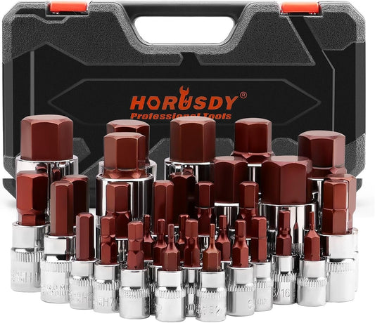 32-Piece Hex Bit Socket Set, SAE & Metric Allen Key Set, 1/4", 3/8", 1/2" Drive