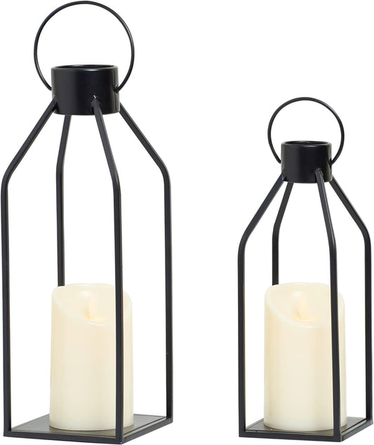 Black Metal Candle Lanterns with Timer – Flickering Candles for Indoor/Outdoor Christmas Decor