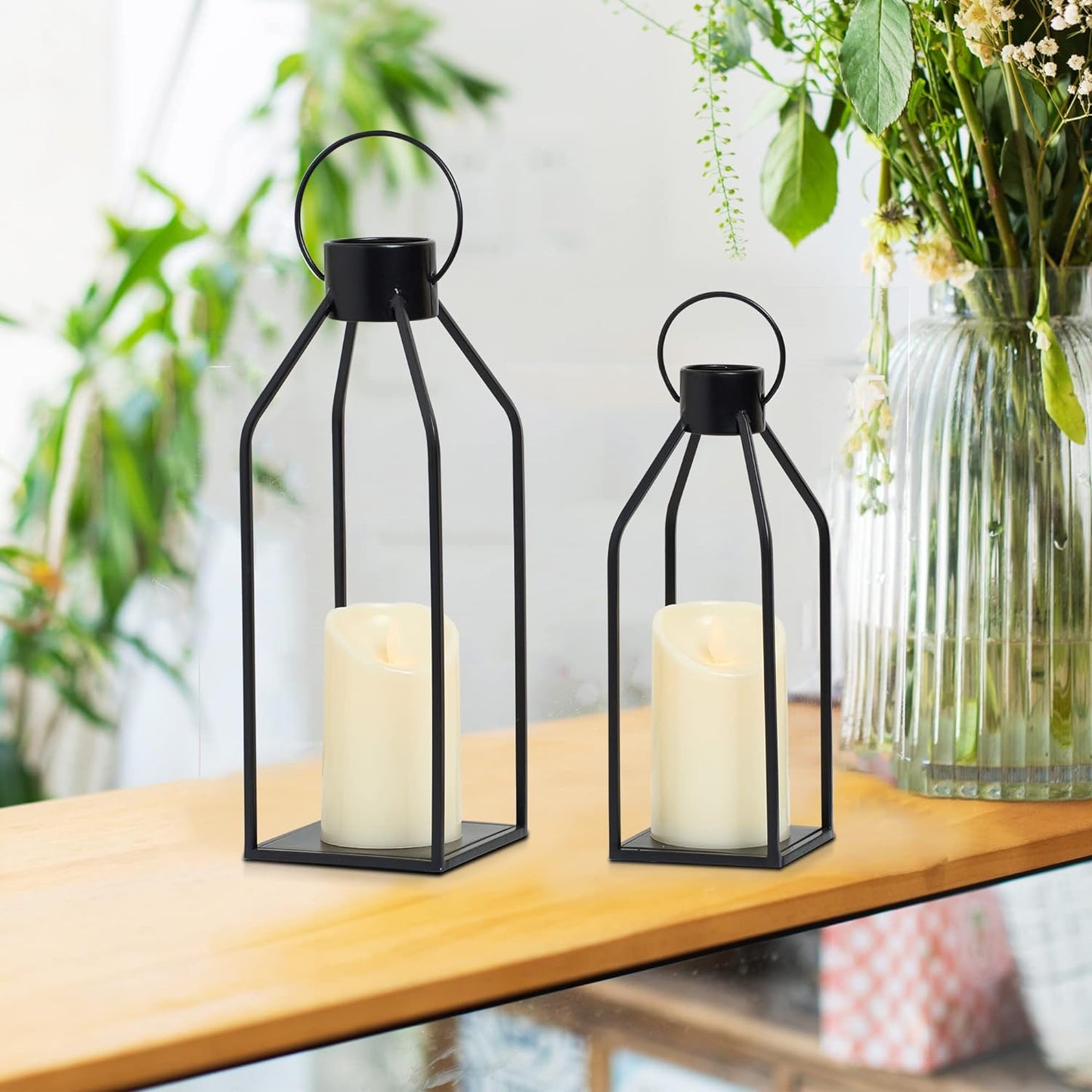 Black Metal Candle Lanterns with Timer – Flickering Candles for Indoor/Outdoor Christmas Decor