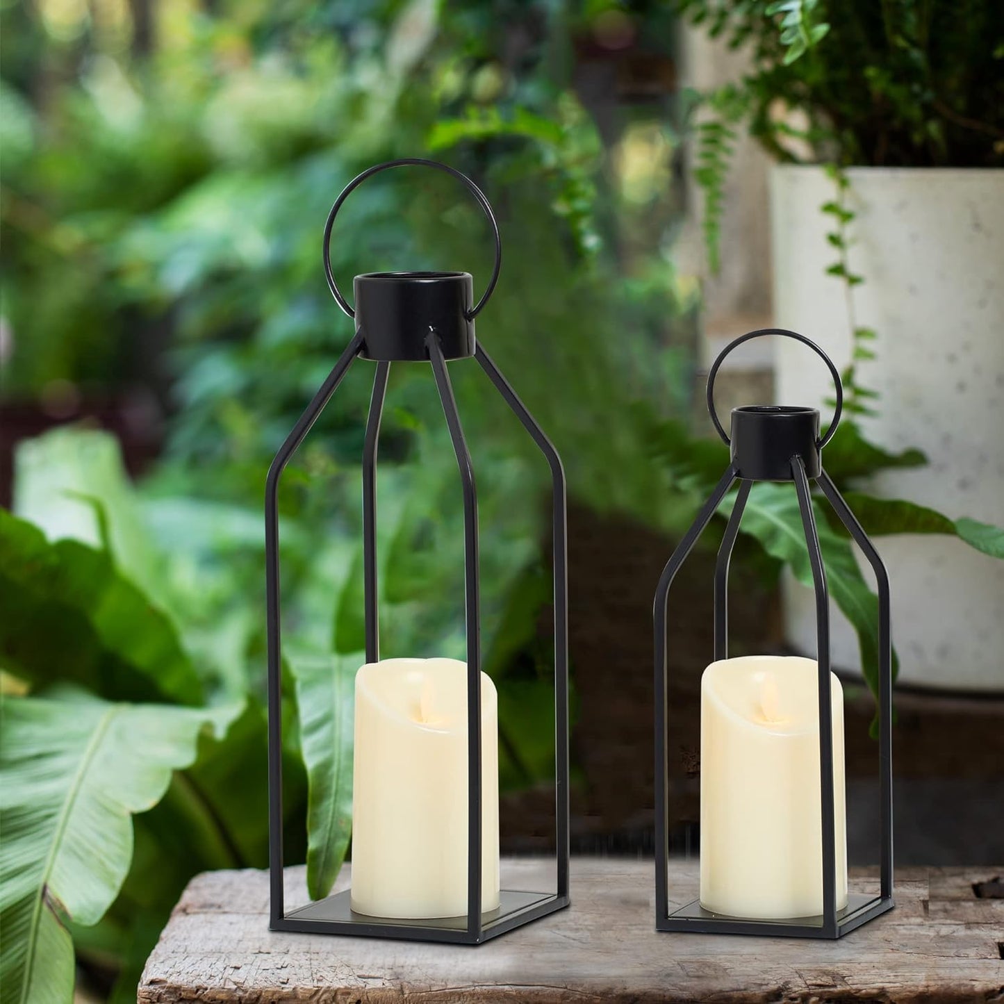 Black Metal Candle Lanterns with Timer – Flickering Candles for Indoor/Outdoor Christmas Decor