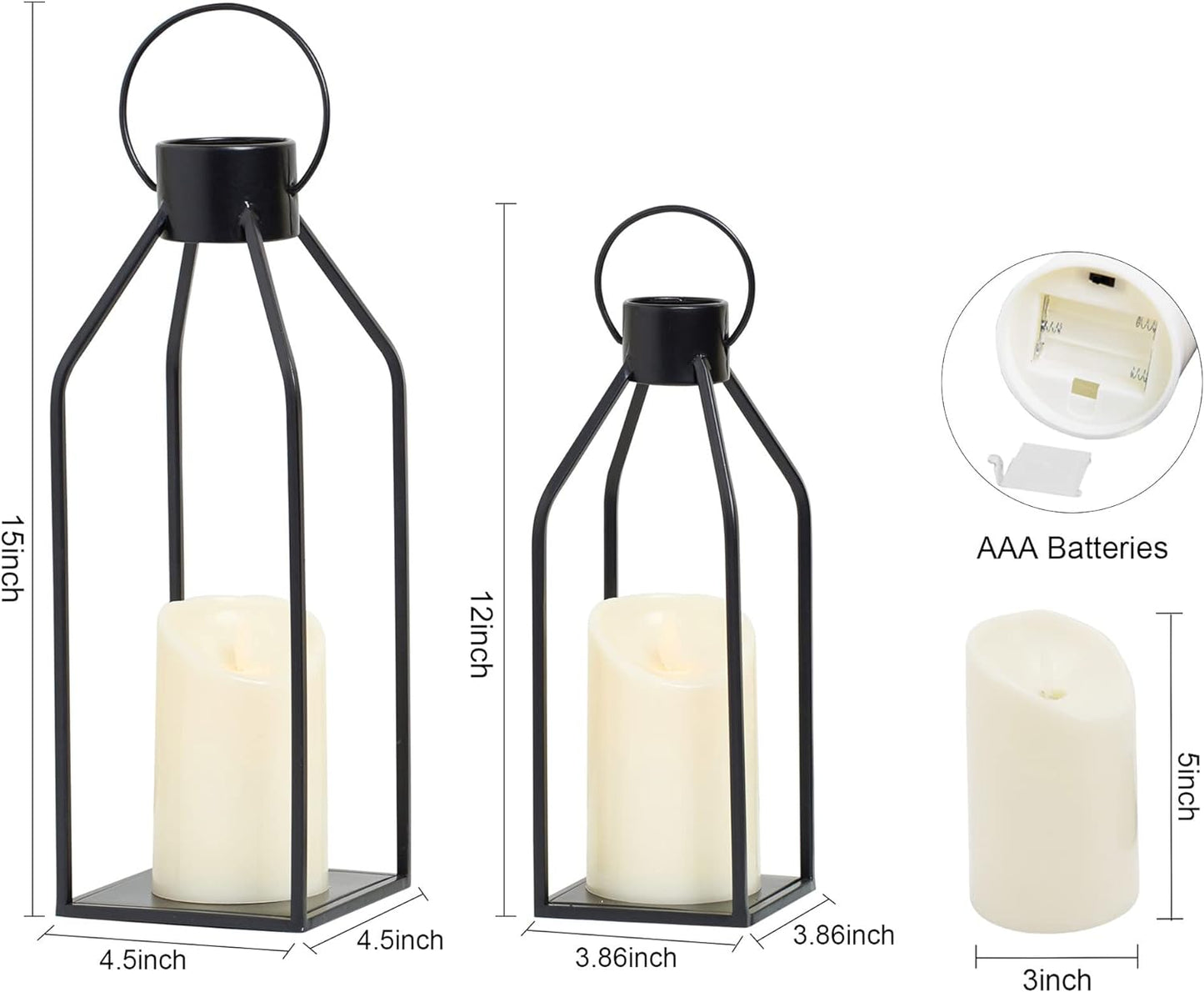 Black Metal Candle Lanterns with Timer – Flickering Candles for Indoor/Outdoor Christmas Decor