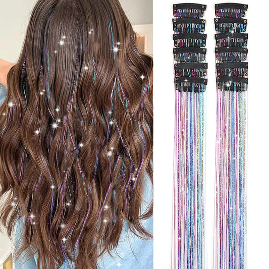 Hair Tinsel Extensions - 12PCS Clip-In Glitter Strands (20”) for Women, Girls & Kids - Colorful Party Hair Accessories