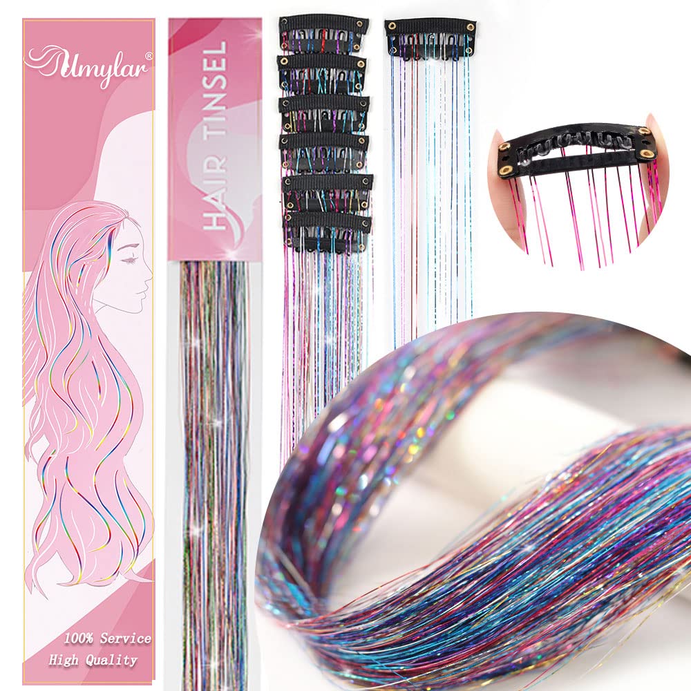 Hair Tinsel Extensions - 12PCS Clip-In Glitter Strands (20”) for Women, Girls & Kids - Colorful Party Hair Accessories