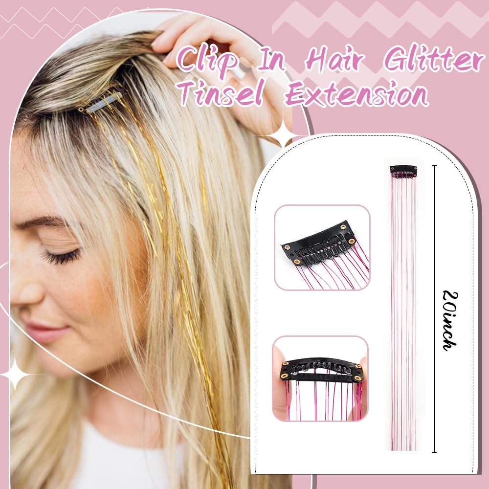 Hair Tinsel Extensions - 12PCS Clip-In Glitter Strands (20”) for Women, Girls & Kids - Colorful Party Hair Accessories