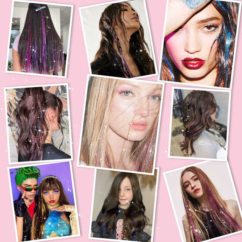 Hair Tinsel Extensions - 12PCS Clip-In Glitter Strands (20”) for Women, Girls & Kids - Colorful Party Hair Accessories
