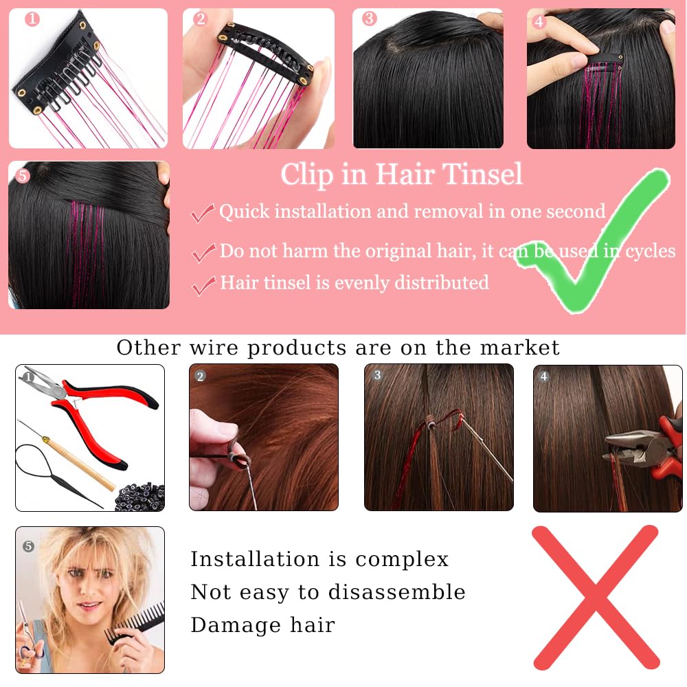 Hair Tinsel Extensions - 12PCS Clip-In Glitter Strands (20”) for Women, Girls & Kids - Colorful Party Hair Accessories