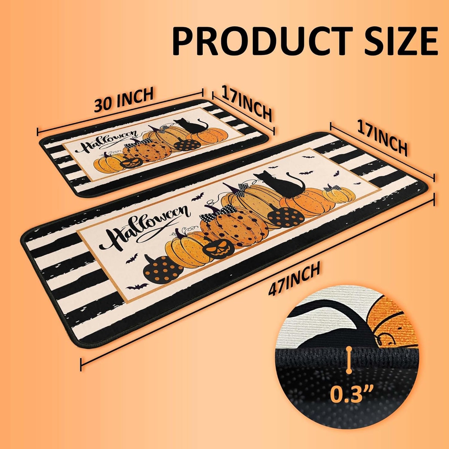 Kitchen Mats for Floor, Halloween Decorations Non Slip Backing Halloween Kitchen Rug Set of 2 Low-Profile Mat Halloween Decor for Home Party (Stripe, 17"x47"+17"x30")