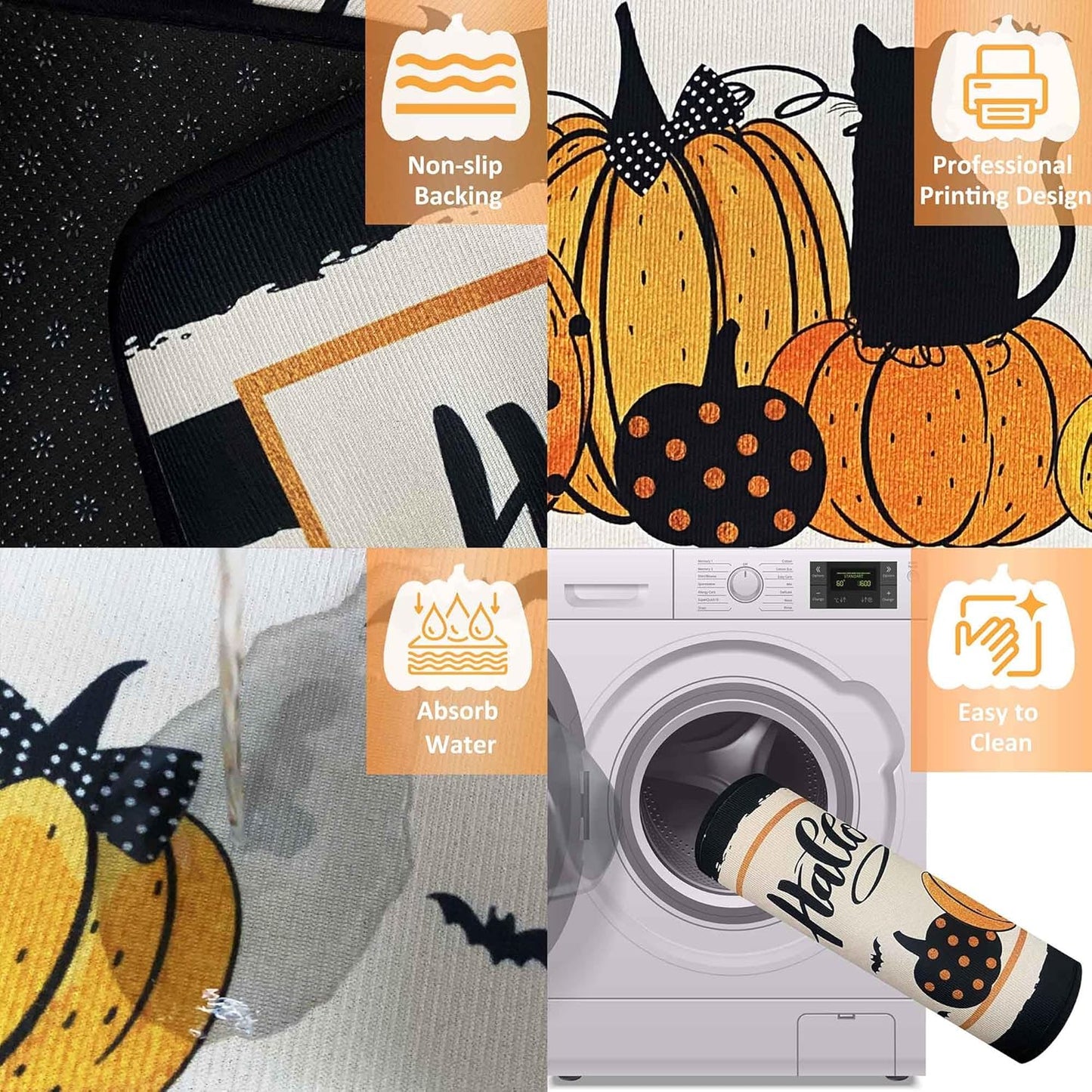 Kitchen Mats for Floor, Halloween Decorations Non Slip Backing Halloween Kitchen Rug Set of 2 Low-Profile Mat Halloween Decor for Home Party (Stripe, 17"x47"+17"x30")