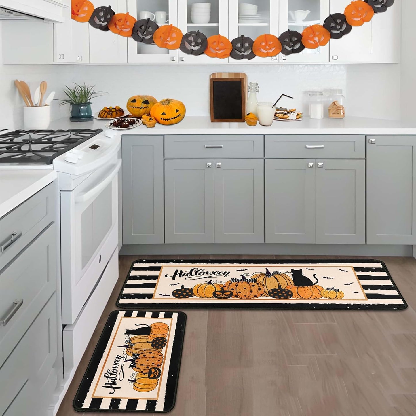 Kitchen Mats for Floor, Halloween Decorations Non Slip Backing Halloween Kitchen Rug Set of 2 Low-Profile Mat Halloween Decor for Home Party (Stripe, 17"x47"+17"x30")