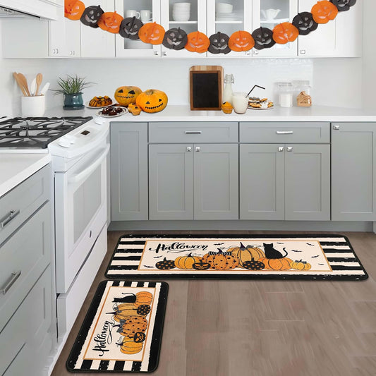 Kitchen Mats for Floor, Halloween Decorations Non Slip Backing Halloween Kitchen Rug Set of 2 Low-Profile Mat Halloween Decor for Home Party (Stripe, 17"x47"+17"x30")