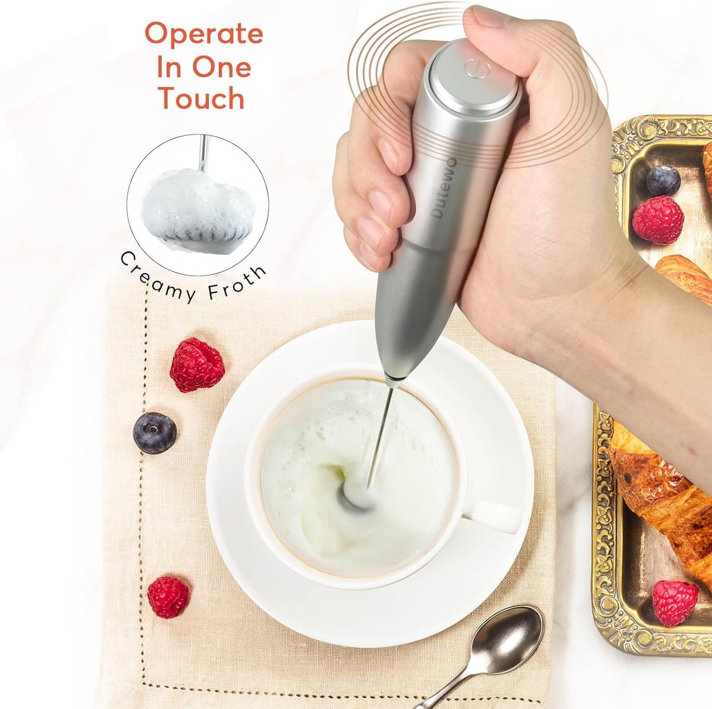 Handheld Electric Frother - Mini Foam Maker for Lattes, Cappuccino, Matcha (Grey)