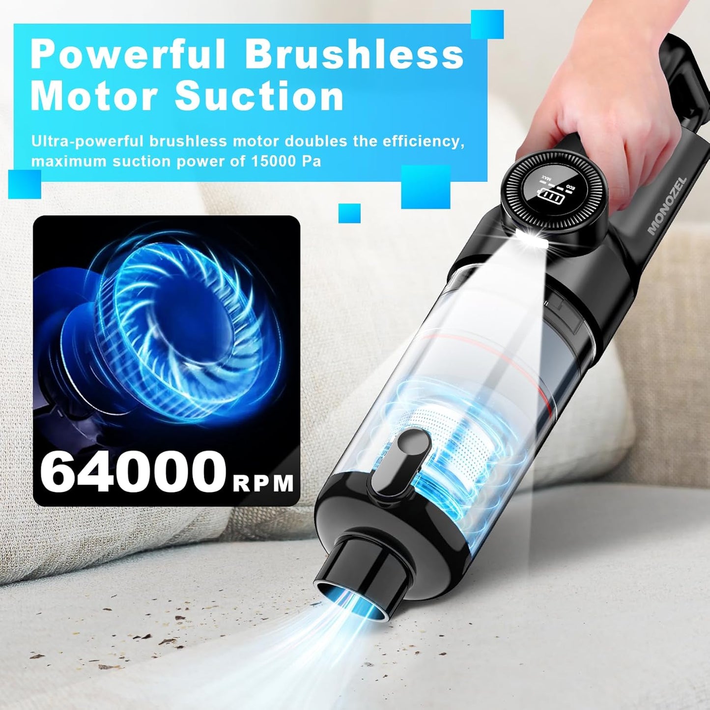 Handheld Vacuum Cordless | Car Vacuum Cleaner with Brushless Motor, 15000Pa Strong Suction Vacuum with LED Light