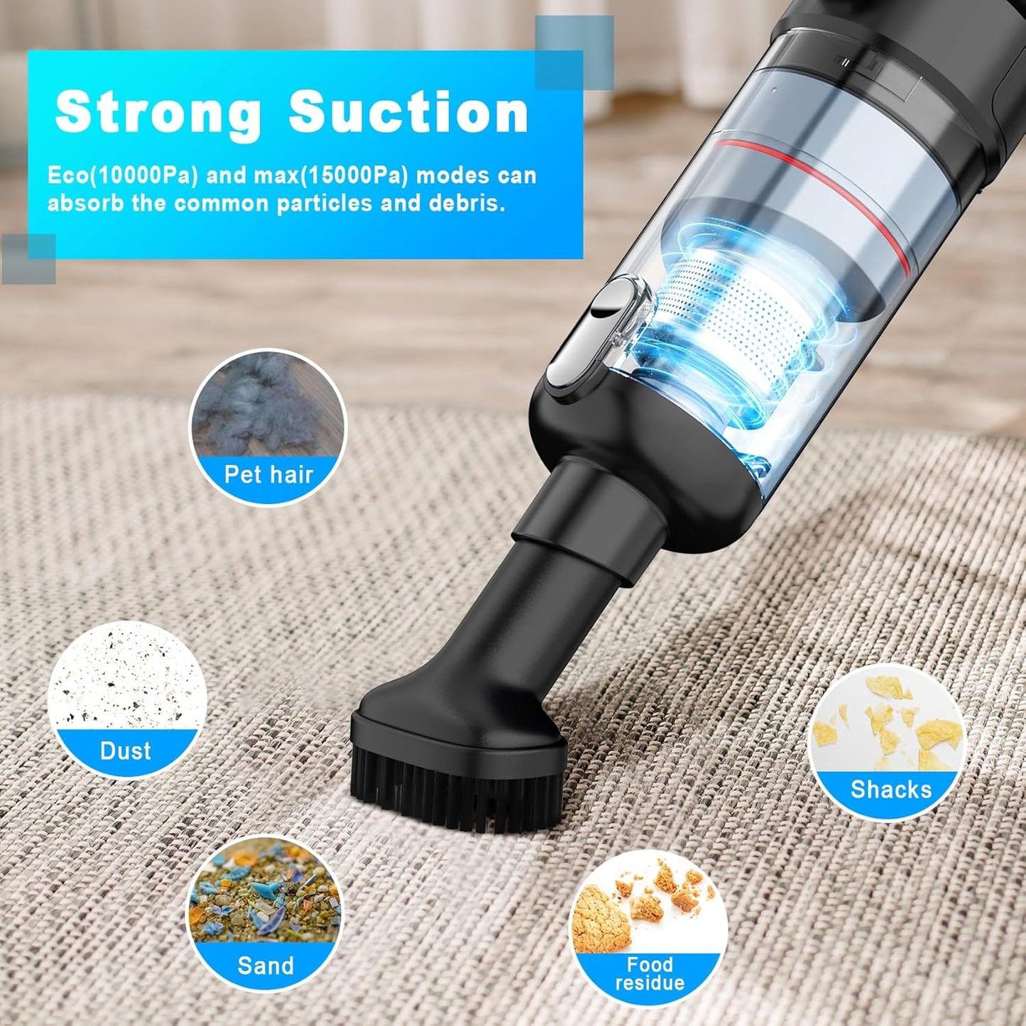 Handheld Vacuum Cordless | Car Vacuum Cleaner with Brushless Motor, 15000Pa Strong Suction Vacuum with LED Light