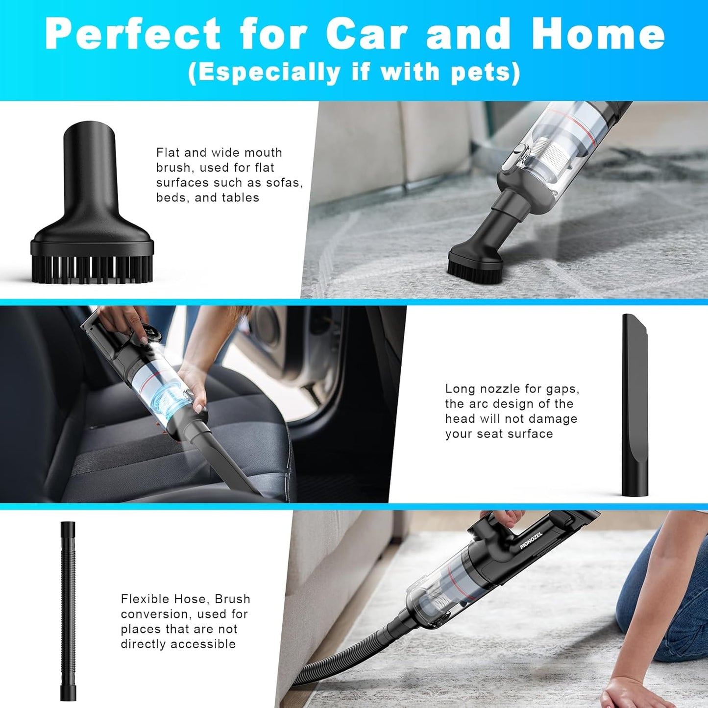 Handheld Vacuum Cordless | Car Vacuum Cleaner with Brushless Motor, 15000Pa Strong Suction Vacuum with LED Light