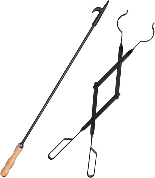 Heavy Duty Fireplace Poker & Tongs Set, 32” Poker, 26” Log Grabber, Rust-Resistant