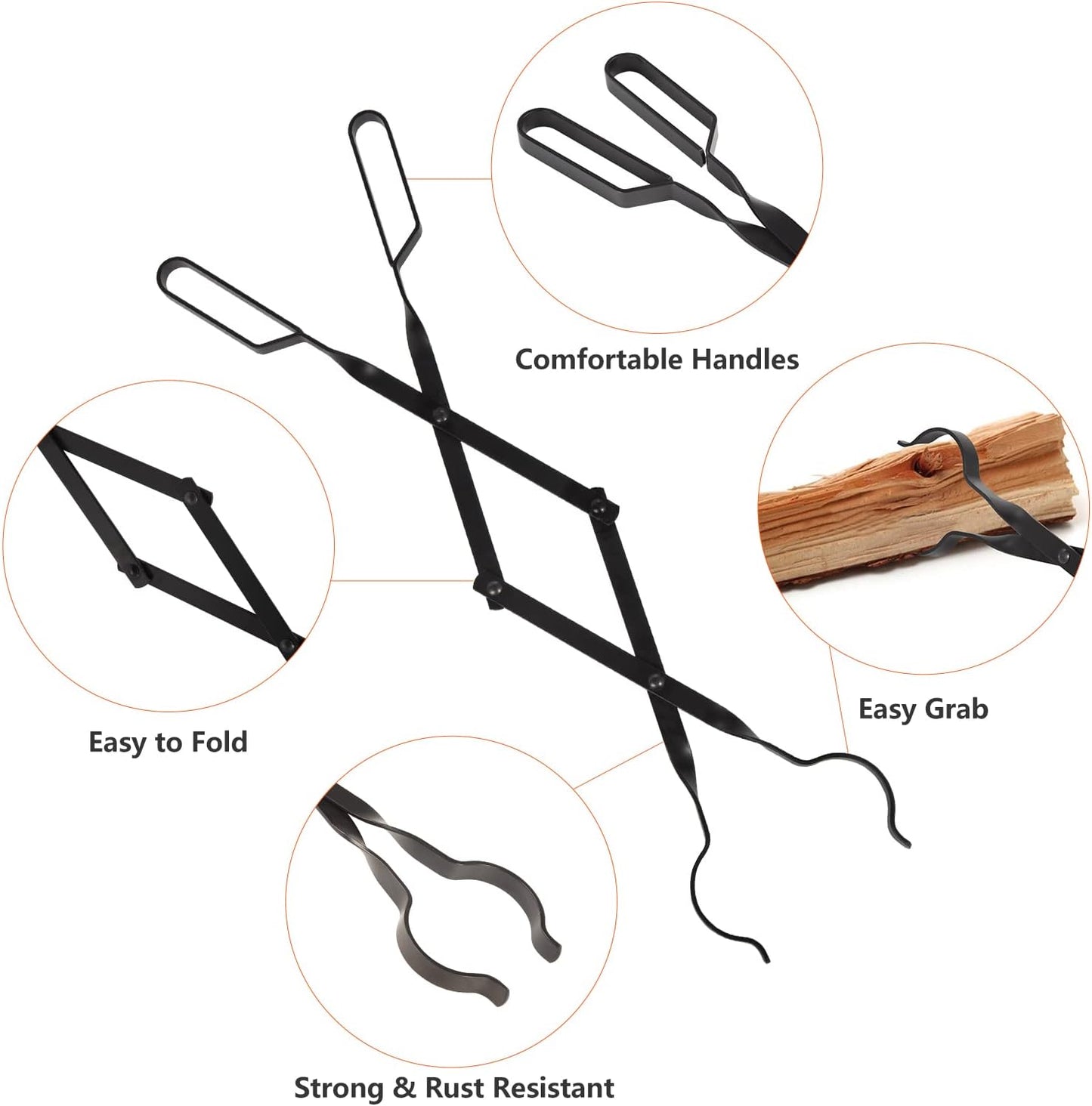 Heavy Duty Fireplace Poker & Tongs Set, 32” Poker, 26” Log Grabber, Rust-Resistant