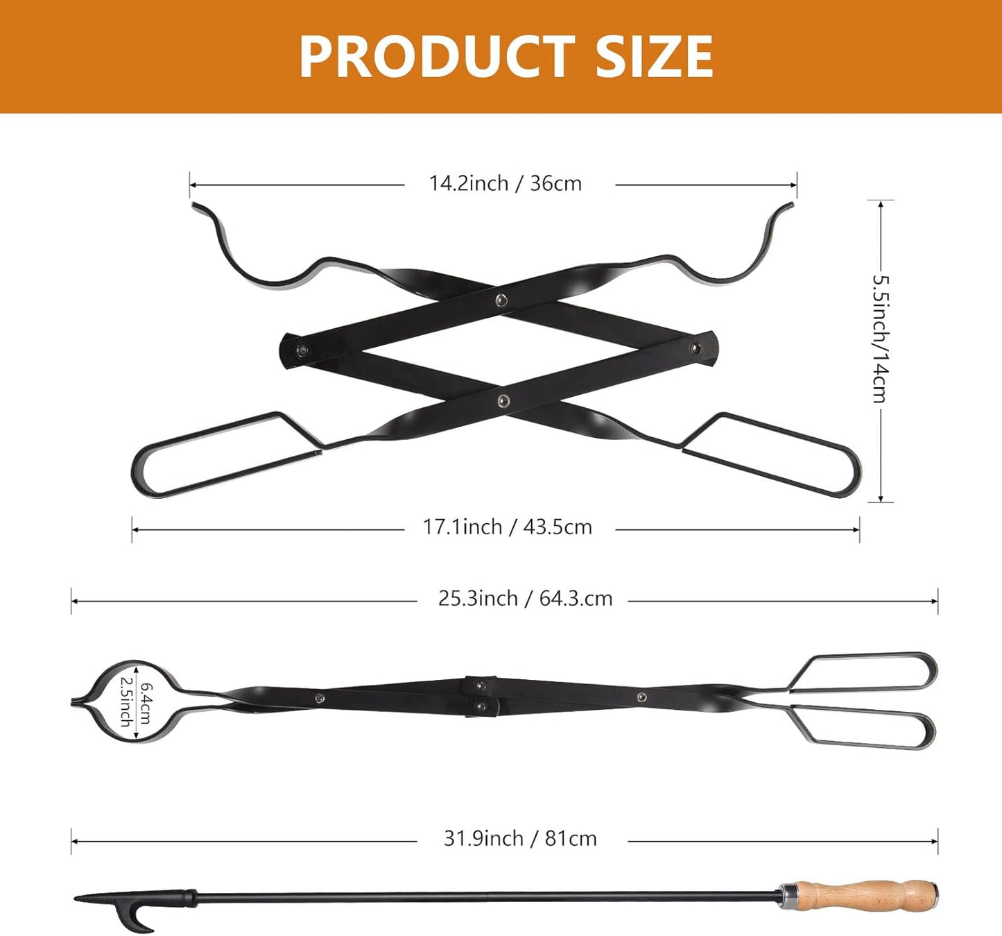 Heavy Duty Fireplace Poker & Tongs Set, 32” Poker, 26” Log Grabber, Rust-Resistant