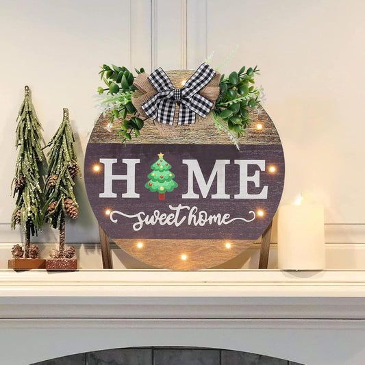 Interchangeable Welcome Sign with 14 Icons & LED Lights - Rustic Farmhouse Front Door Décor